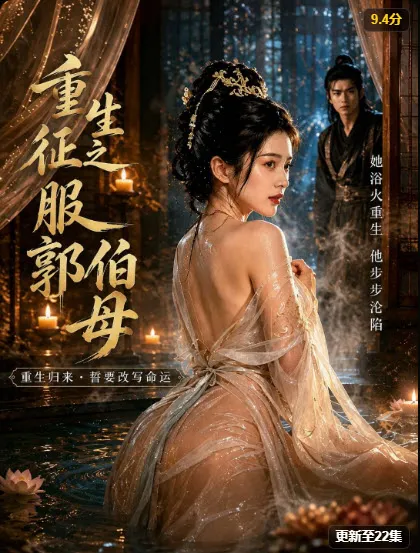 古装重生题材短剧海报，浴池中回眸的女子与屏风后的男子